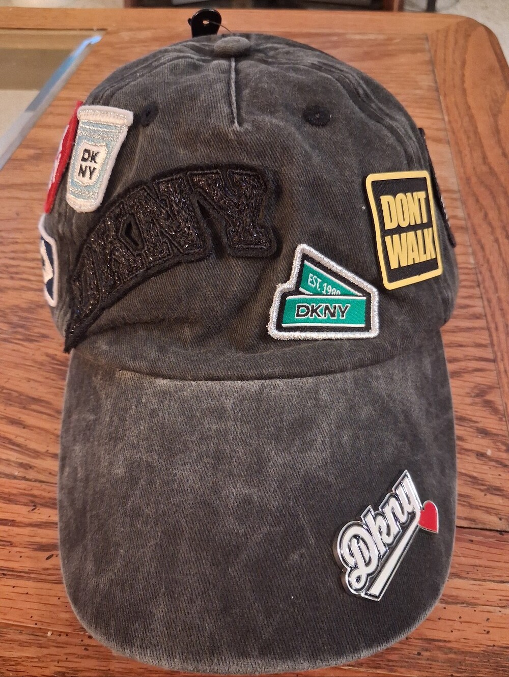 DKNY Washed Black Patch Baseball Cap with Multicolor Logos